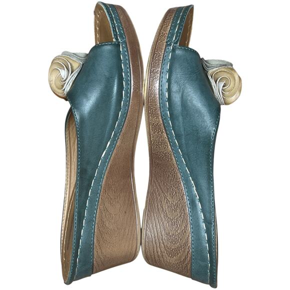 GOOD CHOICE Sydney Size 7.5 Turquoise Slip On Wedge Heel Sandals Floral Flower - Picture 10 of 14